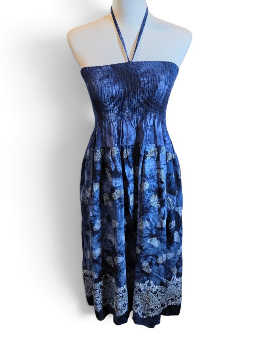 Arianna by Howard's Blue Tie Dye Halter Dress One Size Smocked Paisley
